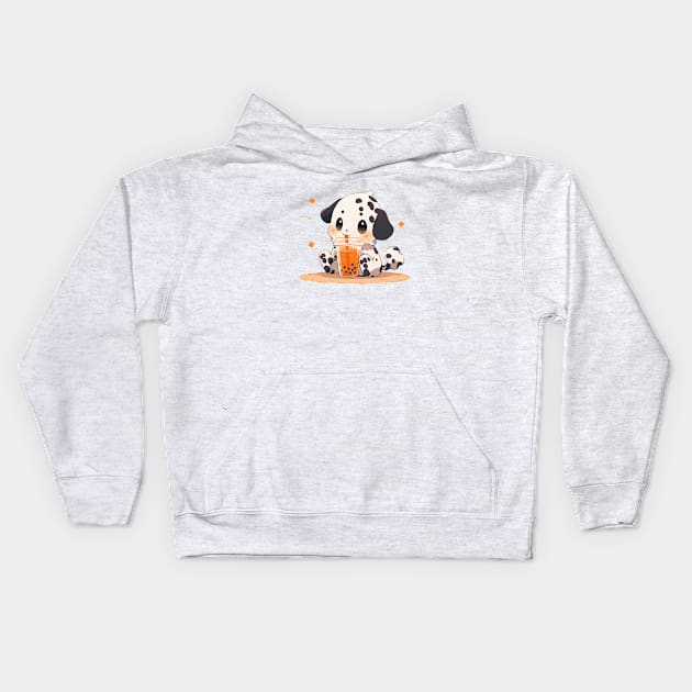 A long-haired dalmatian puppy drinking bubble tea Kids Hoodie by etherElric